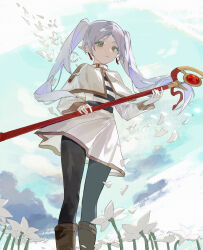 Rule 34 | 1girl, absurdres, black pantyhose, blue sky, boots, brown footwear, capelet, cloud, cloudy sky, commentary, dress, earrings, expressionless, feet out of frame, flower, frieren, green eyes, grey hair, highres, holding, holding staff, jewelry, long hair, long sleeves, looking at viewer, looking down, outdoors, pantyhose, pye yyy, sky, solo, sousou no frieren, staff, standing, twintails, white capelet, white dress, wind