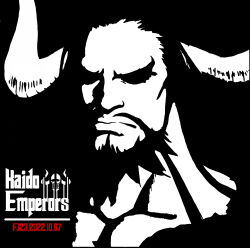 Rule 34 | 1boy, 2022, absurdres, beard, character name, closed mouth, crossover, facial hair, fj23, highres, horns, jolly roger, kaidou (one piece), long hair, monochrome, mustache, one piece, oni, oni horns, solo, solo focus, the godfather