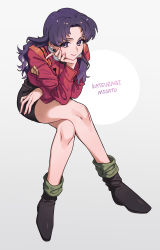 Rule 34 | 1girl, absurdres, black skirt, character name, earrings, grey background, head rest, highres, invisible chair, itou (very ito), jacket, jewelry, katsuragi misato, crossed legs, long hair, looking at viewer, neon genesis evangelion, purple eyes, purple hair, red jacket, sitting, skirt, smile, solo, white background