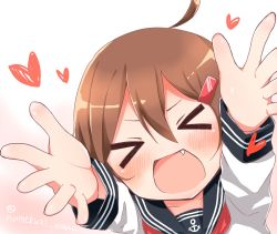 Rule 34 | &gt; &lt;, 10s, 1girl, :d, anchor symbol, blush, brown hair, closed eyes, commentary request, fang, hair ornament, hairclip, heart, highres, ikazuchi (kancolle), incoming hug, kantai collection, long sleeves, namekuji (namekuzu), open mouth, outstretched arms, reaching, reaching towards viewer, school uniform, serafuku, short hair, simple background, smile, solo, twitter username, xd