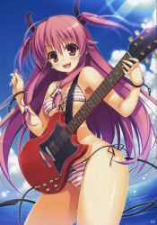 Rule 34 | 10s, 1girl, angel beats!, bare shoulders, bikini, blush, cloud, cuffs, day, electric guitar, fang, fangs, front-tie top, guitar, highres, instrument, lens flare, light rays, long hair, open mouth, pink eyes, pink hair, plectrum, shiny skin, side-tie bikini bottom, sky, solo, striped bikini, striped clothes, sunbeam, sunlight, swimsuit, tail, twintails, two side up, very long hair, wristband, yui (angel beats!), yuuki hagure