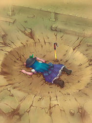 Rule 34 | 1girl, blue hair, boots, crater, faceplant, failure, female focus, food, fruit, hat, hinanawi tenshi, long hair, lying, on stomach, peach, sankuma, skirt, solo, sword, sword of hisou, touhou, weapon