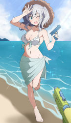 Rule 34 | 1girl, barefoot, beach, bikini, blue eyes, blush, breasts, cleavage, cloud, day, hat, highres, holding, kantai collection, kashima (kancolle), leg up, long hair, medium breasts, nel-c, ocean, one eye closed, open mouth, outdoors, sarong, sidelocks, silver hair, sky, sparkle, swimsuit, twintails, water, water gun, white bikini