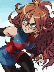 Rule 34 | 1girl, android 21, black-framed eyewear, black nails, blue eyes, breasts, brown hair, commentary, curly hair, detached sleeves, dragon ball, dragon ball fighterz, dress, earrings, glasses, jewelry, kinuko (kinucakes), leggings, long hair, nail polish, pantyhose, solo