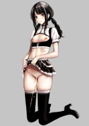 Rule 34 | 1girl, alternate hairstyle, bar censor, black footwear, black hair, black skirt, black thighhighs, bodice, boots, breast cutout, breasts, censored, closed mouth, clothes lift, earrings, full body, grey background, groin, high collar, high heels, idolmaster, idolmaster shiny colors, jewelry, kazano hiori, kneeling, lifting own clothes, light blush, long hair, looking at viewer, mole, mole under mouth, navel, nipples, paid reward available, panties, peeing, peeing self, purple eyes, pussy, ribs, short sleeves, simple background, skindentation, skirt, skirt lift, small breasts, solo, takano masayuki, thighhighs, underwear
