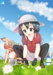 Rule 34 | 10s, 2girls, :3, :d, all fours, animal ears, animal print, ankle boots, artist name, bare shoulders, black gloves, black hair, black legwear, blue eyes, blue sky, blurry, blush, blush stickers, boots, brown footwear, bucket hat, cloud, clover, clover (flower), collarbone, dandelion, day, depth of field, elbow gloves, facing away, field, floral print, flower, four-leaf clover, from below, full body, gloves, grass, grey hat, hat, hat feather, high-waist skirt, highres, kaban (kemono friends), kemono friends, kisaragi miyu, loafers, looking at viewer, looking down, lucky beast (kemono friends), multiple girls, open mouth, orange hair, outdoors, pantyhose, print gloves, print legwear, print skirt, rabbit, red shirt, serval (kemono friends), serval tail, shirt, shoe soles, shoelaces, shoes, short hair, short sleeves, shorts, skirt, sky, sleeve cuffs, sleeveless, sleeveless shirt, smile, spread legs, squatting, striped tail, tail, tareme, teeth, thighhighs, upper teeth only, white footwear, white shirt, zettai ryouiki, | |