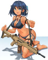 Rule 34 | 1girl, ankle strap, arm strap, assault rifle, barefoot, bikini, black bikini, black choker, blue eyes, blue hakama, bob cut, breasts, carrying, choker, cleavage, combat knife, commentary request, flower, fx-05 xiuhcoatl, gun, hair flower, hair ornament, hakama, highres, japanese clothes, kneeling, knife, looking at viewer, medium breasts, mikeran (mikelan), navel, open mouth, original, rifle, shadow, short hair, sling (weapon), smile, solo, swimsuit, tan, thigh strap, weapon, white background