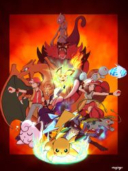 Rule 34 | absurdres, bear ringer, black hair, blonde hair, blue eyes, brown hair, charizard, claws, colored sclera, creatures (company), fire, flame-tipped tail, game freak, gen 1 pokemon, gen 2 pokemon, gen 4 pokemon, gen 5 pokemon, gen 6 pokemon, gen 7 pokemon, gloves, green eyes, greninja, hat, highres, incineroar, ivysaur, jigglypuff, leaf (pokemon), legendary pokemon, long hair, looking at viewer, lucario, mewtwo, nintendo, open mouth, pichu, pikachu, pleated skirt, pokemon, pokemon (creature), pokemon bw, pokemon dppt, pokemon rgby, pokemon sm, ponytail, porkpie hat, red (pokemon), red eyes, red skirt, scarf, sharp teeth, shirt, short hair, skirt, sleeveless, sleeveless shirt, smile, squirtle, super smash bros., tail, teeth, tongue, water, wristband, yellow sclera
