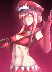 Rule 34 | 1girl, boro bukuro, breasts, cleavage, closed mouth, elbow gloves, fate/grand order, fate (series), gloves, gradient background, groin, hat, holding, long hair, medb (alluring chief warden look) (fate), medb (fate), navel, peaked cap, pink gloves, pink hair, pink skirt, red hat, riding crop, short hair with long locks, skirt, small breasts, smile, solo, tongue, tongue out, yellow eyes
