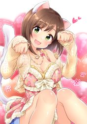 Rule 34 | 10s, 1girl, animal ears, breasts, brown hair, cat ears, cat tail, cleavage, commentary request, fake animal ears, fang, green eyes, head tilt, idolmaster, idolmaster cinderella girls, jewelry, knees together feet apart, long sleeves, looking at viewer, maekawa miku, medium breasts, necklace, open mouth, paw pose, solo, tail, trente
