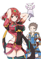 Rule 34 | 1girl, 2boys, animal, arms behind head, azurda (xenoblade), bare shoulders, belt, blush, breasts, cowboy shot, crossed arms, dot nose, eyelashes, flying, gloves, grin, horn, impossible clothes, jewelry, large breasts, light smile, matching hair/eyes, multiple boys, navel, one eye closed, pyra (xenoblade), red eyes, red hair, rex (xenoblade), shiny clothes, shiny skin, short hair, skin tight, skindentation, smile, standing, tail, teeth, thighhighs, white background, wings, wink, xenoblade chronicles (series), xenoblade chronicles 2, yuuuun0218