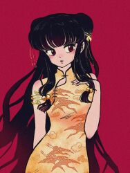 Rule 34 | 1girl, animal print, arm behind back, armlet, bare shoulders, bird print, black hair, china dress, chinese clothes, cloud print, commentary, dress, gold ribbon, hair bun, hair ribbon, print dress, ranma 1/2, red background, red eyes, remi55865108, ribbon, shampoo (ranma 1/2), sidelocks, simple background, sleeveless, sleeveless dress, solo, yellow dress