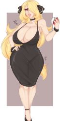 Rule 34 | 1girl, blonde hair, bracelet, breasts, choker, cleavage, creatures (company), curvy, cynthia (pokemon), dress, female focus, full body, game freak, grey eyes, hair ornament, heart, highres, huge breasts, jewelry, lips, long hair, nail polish, nintendo, parted lips, poke ball, pokemon, pokemon dppt, solo, spookiebuni, thick lips, thick thighs, thighs, wide hips
