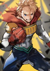 Rule 34 | 1boy, absurdres, anger vein, angry, bara, blonde hair, blue eyes, blue pants, bodysuit, boku no hero academia, cape, clenched hand, covered abs, cowboy shot, fighting stance, gloves, grey background, highres, long sleeves, looking at viewer, male focus, manly, muscular, pants, pectorals, red gloves, simple background, skin tight, solo, standing, teeth, thighs, tight clothes, togata mirio, torn cape, torn clothes, upper body, veins, yoshio (55level)
