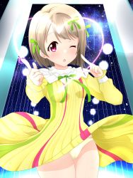 Rule 34 | 1girl, absurdres, artist name, artist request, back bow, bare legs, blue sky, blush, bow, breasts, bridge, brown hair, city, city lights, dress, female focus, green bow, green ribbon, grey hair, hair bow, highres, light brown hair, long sleeves, looking at viewer, love live!, love live! nijigasaki high school idol club, love live! school idol festival, mutekikyuu believer, nakasu kasumi, night, night sky, nora ichigo, one eye closed, outdoors, panties, parted lips, pointing, pointing at self, purple eyes, red eyes, ribbon, short hair, skirt, sky, small breasts, smile, solo, star (sky), striped clothes, striped dress, underwear, vertical-striped clothes, vertical-striped dress, white detached collar, yellow dress, yellow panties, yellow skirt