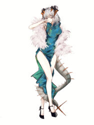 1girl absurdres alternate_costume aqua_dress arknights arm_up black_footwear black_horns cheddar_n china_dress chinese_clothes commentary_request dress finger_to_mouth full_body fur_(clothing) grey_hair grey_horns grey_tail high_heels highres horns looking_at_viewer medium_hair orange_eyes orange_horns saria_(arknights) shoes side_slit simple_background sketch sleeveless sleeveless_dress solo spiked_tail standing tail white_background