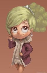 Rule 34 | 10s, 1girl, blonde hair, brianna buttowski, child, closed mouth, coat, conoghi, disney, earrings, female focus, flat chest, jewelry, kick buttowski, long sleeves, shorts, simple background, smile, solo, standing, tiara