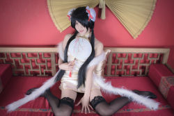 Rule 34 | 1girl, artist request, asian, bare shoulders, black hair, black thighhighs, bun cover, china dress, chinese clothes, color contacts, cosplay, date a live, double bun, dress, feather boa, hair bun, hair over one eye, hand fan, indoors, lace, lace-trimmed legwear, lace trim, long hair, looking at viewer, makeup, mascara, no shoes, parted lips, photo (medium), red eyes, short china dress, sitting, sleeveless, sleeveless dress, solo, thighhighs, tokisaki kurumi, tokisaki kurumi (cosplay), twintails, wariza, zettai ryouiki