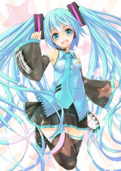 Rule 34 | 1girl, aqua eyes, aqua hair, boots, detached sleeves, hatsune miku, headset, highres, long hair, maru-pen, necktie, open mouth, skirt, solo, striped, striped background, thigh boots, thighhighs, twintails, very long hair, vocaloid