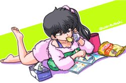 Rule 34 | 1girl, barefoot, black eyes, black hair, blush, book, breasts, chips (food), cleavage, eating, food, foot up, full body, hair between eyes, holding, holding phone, kunou kodachi, lying, mouth hold, on stomach, open book, phone, pillow, ranma 1/2, reading, side ponytail, simple background, solo, tissue box, turning page, wanta (futoshi)