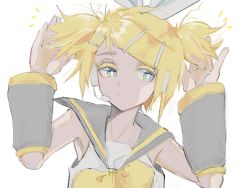 Rule 34 | 1girl, alternate hairstyle, aqua eyes, arms up, bare shoulders, blonde hair, bow, colored eyelashes, detached sleeves, hair bow, hair ornament, hairclip, half-closed eyes, hands in hair, headphones, headset, highres, kagamine rin, looking to the side, sailor collar, serious, shimeji (user fkzg7225), shirt, short twintails, sketch, sleeveless, sleeveless shirt, solo, twintails, vocaloid