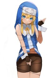 Rule 34 | 1boy, bike shorts, blonde hair, blue eyes, blush, bridget (guilty gear), covering privates, covering crotch, cross, fingerless gloves, flasso, gloves, green eyes, guilty gear, guilty gear xx, habit, highres, long hair, looking at viewer, male focus, nun, simple background, solo, trap, yo-yo