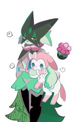 1other ? blue_eyes cape carrying claws commentary creatures_(company) furry game_freak gen_6_pokemon green_fur green_hair highres mask meowscarada nintendo pink_eyes pokemon pokemon_(creature) smile standing sylveon tyatyaumai29