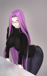 Rule 34 | 1girl, ass, bad anatomy, blush, breasts, casual, counter, denim, fate/grand order, fate/stay night, fate (series), glasses, grey background, highres, jeans, jjanda, large breasts, long hair, looking at viewer, medusa (fate), medusa (rider) (fate), nail polish, official alternate costume, pants, parted lips, purple eyes, purple hair, reversed hand, reversed hands, sweater, very long hair