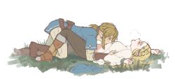 Rule 34 | 1boy, 1girl, artist name, blonde hair, blue eyes, blush, breasts, couple, earrings, grass, hair ornament, hairclip, heavy breathing, jewelry, leggings, licking, link, lying, nintendo, on back, open mouth, outdoors, pointy ears, princess zelda, sexually suggestive, sidelocks, the legend of zelda, the legend of zelda: breath of the wild, tongue, tongue out, yunosu