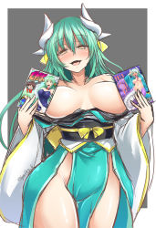 Rule 34 | 1girl, blush, bow, breasts, cleavage, fate/grand order, fate (series), green hair, hair bow, horns, japanese clothes, kimono, kirisaki byakko, kiyohime (fate), kiyohime (fate/grand order), kiyohime (swimsuit lancer) (fate), kiyohime (swimsuit lancer) (second ascension) (fate), lamia, large breasts, long hair, looking at viewer, manga (object), monster girl, no panties, open mouth, scales, smile, solo, swimsuit, yellow eyes