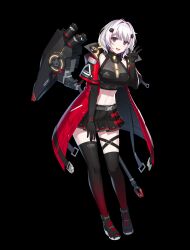 Rule 34 | 1girl, belt, black footwear, black gloves, black shirt, black skirt, black thighhighs, breasts, closers, crop top, elbow gloves, gloves, gradient legwear, hand on own thigh, hand up, highres, jacket, large breasts, levia (closers), looking at viewer, mechanical wings, midriff, miniskirt, navel, non-web source, official art, open clothes, open jacket, open mouth, pleated skirt, purple eyes, red jacket, shirt, shoes, short hair, skirt, sleeveless, sleeveless shirt, smile, solo, stomach, thigh strap, thighhighs, thighs, white hair, wings, zettai ryouiki