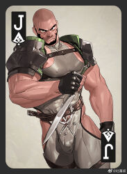 Rule 34 | 1boy, armor, bald, bara, beard, bodysuit, bulge, covered erect nipples, crotch cutout, dagger, facial hair, feet out of frame, fighting stance, frown, gloves, grey bodysuit, highres, hip vent, holding, holding dagger, holding knife, holding weapon, jack (playing card), knife, large pectorals, leg belt, male focus, mature male, muscular, muscular male, mustache stubble, nipples, original, pauldrons, pectorals, pubic hair, pubic hair peek, revealing clothes, scar, scar on face, scar on forehead, short hair, shoulder armor, sidepec, solo, strongman waist, stubble, taut bodysuit, thick eyebrows, thick thighs, thighs, tooboshoo, weapon