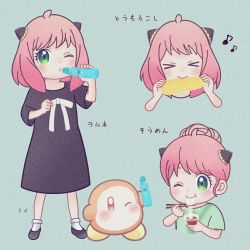 Rule 34 | 1girl, anya (spy x family), blush, bottle, child, chopsticks, closed mouth, corn, creature, cup, dress, drinking, eating, food, green eyes, hair ornament, highres, holding, kirby (series), long dress, nintendo, no mouth, noodles, one eye closed, patissier mi2, pink hair, ponytail, ribbon, shirt, shoes, short hair, socks, spy x family, t-shirt, waddle dee, water, water bottle