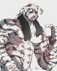 Rule 34 | 1boy, abs, after bathing, animal ears, arknights, ass, bara, blue eyes, cup, facial hair, from side, furry, furry male, goatee, highres, holding, holding cup, large hands, large pectorals, looking at viewer, male focus, male pubic hair, mature male, messy hair, mountain (arknights), mug, muscular, muscular male, navel, navel hair, nipples, notice lines, nude, pectorals, ppyong, pubic hair, scar, scar across eye, scar on arm, short hair, solo, stomach, thick eyebrows, tiger boy, tiger ears, tiger stripes, towel, towel around neck, wet, wet hair, whiskers, white fur, white hair