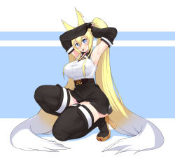Rule 34 | alice (flanaki), animal ear fluff, animal ears, armpits, arms up, ass, bare shoulders, belt, belt buckle, black gloves, black thighhighs, blonde hair, blue background, blue eyes, boots, breasts, buckle, commission, detached sleeves, fingerless gloves, fox ears, fox girl, full body, gloves, gradient hair, hair between eyes, high heel boots, high heels, highres, jiffic, large breasts, long hair, looking at viewer, multicolored hair, original, simple background, skirt, solo, thick thighs, thigh boots, thighhighs, thighs, twintails, very long hair, white background, white hair