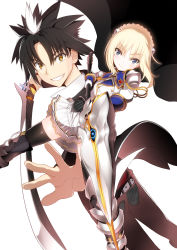Rule 34 | 1boy, 1girl, armor, belt, belt skirt, black hair, black thighhighs, blonde hair, blue eyes, blush, boots, braid, breasts, buttons, char, dutch angle, foreshortening, gloves, greaves, grin, hair bun, hair ornament, highres, holding, holding sword, holding weapon, huge weapon, kamikui no ex machina, katana, light smile, long sleeves, looking at viewer, lunaty (kamikui), miniskirt, multicolored hair, official art, original, outstretched arm, pants, parted bangs, pauldrons, petticoat, pinstripe pattern, plaid, pleated skirt, polearm, saiga isato, short hair, shoulder armor, simple background, single hair bun, skirt, small breasts, smile, spear, spiked hair, standing, striped, sword, thigh boots, thighhighs, turtleneck, two-tone hair, uniform, weapon, white background, white gloves, white hair, wind, wind lift, yellow eyes, zettai ryouiki