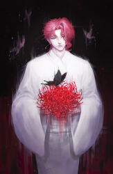 Rule 34 | 1boy, black background, black butterfly, bug, butterfly, earrings, feet out of frame, flower, highres, holding, holding flower, insect, japanese clothes, jewelry, jojo no kimyou na bouken, kakyoin noriaki, kimono, long sleeves, looking at viewer, muhe, red flower, red hair, smile, solo, spider lily, stardust crusaders, white kimono, wide sleeves