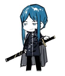 Rule 34 | 1other, black coat, black pants, black shirt, blue eyes, blue hair, chibi, coat, colored skin, highres, holding, holding sword, holding weapon, library of ruina, looking to the side, maxwell yaochu, medium hair, pale skin, pants, project moon, sheath, shirt, sidelocks, simple background, sketch, smile, sword, the bookhunter, weapon, white background, white footwear, white skin, zipper