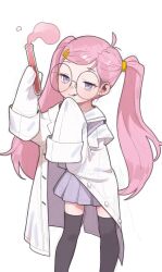 Rule 34 | 1girl, absurdres, ahoge, black thighhighs, blue eyes, blush, character request, coat, collared shirt, commentary, commentary request, copyright request, english commentary, fang, glasses, hair ornament, hairpin, hands up, highres, holding, holding test tube, lab coat, long hair, miniskirt, mixed-language commentary, open clothes, open coat, opossumachine, oversized clothes, pink hair, pleated skirt, round eyewear, sailor collar, sailor shirt, shirt, simple background, skirt, sleeves past fingers, sleeves past wrists, solo, standing, test tube, thighhighs, twintails, very long sleeves, white background, white coat