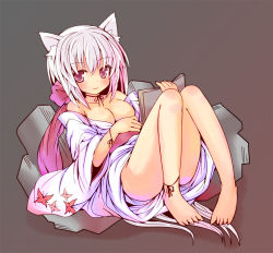 Rule 34 | 1girl, animal ears, bare legs, bare shoulders, barefoot, blue theme, book, breasts, cat ears, cleavage, hair ribbon, long hair, open book, original, red eyes, ribbon, shio poteto, silver hair, sitting, smile, solo, very long hair