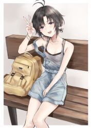 1girl absurdres aburi-gatana ahoge backpack bag bench between_legs black_hair black_tank_top blue_shorts border breasts cleavage daisy earrings feet_out_of_frame flower flower_earrings grey_tank_top hand_between_legs highres idolmaster idolmaster_(classic) jewelry kikuchi_makoto layered_shirt looking_at_viewer medium_breasts off_shoulder open_mouth parted_bangs purple_eyes short_hair shorts sidelocks sitting smile solo suspender_shorts suspenders tank_top v white_border wooden_bench wristband yellow_bag