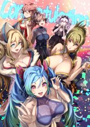 Rule 34 | 6+girls, absurdres, alternate costume, amari aquamarine, az sainklaus, beer mug, black dress, blue hair, blush, breasts, brown hair, china dress, chinese clothes, cleavage, cup, dress, hair behind ear, hair between eyes, hands on own face, head tilt, highres, holding, holding cup, japanese clothes, kimono, kisaragi chitose, large breasts, looking at viewer, medium breasts, mug, multiple girls, nine (super robot wars), off shoulder, ok sign, parted lips, pink eyes, pink hair, ponytail, purple eyes, ramy amasaki, red dress, red hair, sakurai sagiri, sakusakusakurai, silver hair, smile, super robot wars, super robot wars 30, super robot wars t, super robot wars v, super robot wars x, twintails, two-tone dress, v, v-shaped eyebrows, white dress
