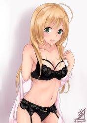 Rule 34 | 10s, 1girl, ahoge, alternate costume, alternate hairstyle, bad id, bad pixiv id, black bra, blonde hair, blush, bra, breasts, cleavage, commentary request, garter straps, green eyes, highres, idolmaster, idolmaster cinderella girls, long hair, looking at viewer, medium breasts, musai (terry631), navel, sato shin, solo, tongue, tongue out, twitter username, underwear