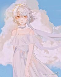 Rule 34 | arm behind back, artist name, blue sky, bra, bra strap, choker, closed mouth, cloud, collarbone, copyright notice, day, dress, flower choker, fuan fan, hair lift, highres, light frown, long hair, looking at viewer, loose hair strand, low twintails, original, outdoors, pink lips, purple choker, short sleeves, sky, source request, third-party source, twintails, underwear, very long hair, white bra, white dress, white hair, white sleeves, wind, wind lift, yellow eyes