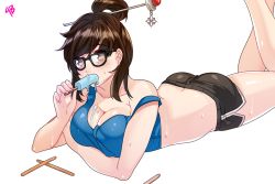 Rule 34 | 1girl, artist name, ass, bad id, bad pixiv id, bare shoulders, barefoot, beads, black-framed eyewear, black shorts, blush, breasts, brown eyes, brown hair, butt crack, cleavage, collarbone, crop top, dripping, eating, eyebrows, food, glasses, hair bun, hair ornament, hair stick, holding, holding food, ice cream, karmaho, large breasts, legs up, looking at viewer, lying, mei (overwatch), on stomach, overwatch, overwatch 1, popsicle, short hair, short shorts, shorts, sidelocks, simple background, single hair bun, snowflake hair ornament, solo, strap slip, sweat, sweatdrop, swept bangs, tank top, white background