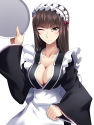 Rule 34 | 1girl, black hair, blush, breasts, brown eyes, cleavage, girls und panzer, highres, large breasts, long hair, looking at viewer, maid, miraino tsubasa, nishizumi shiho, one eye closed, simple background, smile, solo, white background