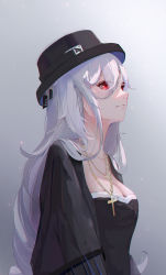 Rule 34 | 1girl, absurdres, arknights, black hat, breasts, chinese commentary, cleavage, commentary, cross, cross necklace, eyes visible through hair, from side, gradient background, hair between eyes, hat, highres, huge filesize, jewelry, light smile, long hair, long sleeves, looking up, medium breasts, necklace, official alternate costume, pillow, profile, red eyes, robe, silver hair, solo, specter (arknights), specter (undercurrent) (arknights), tkkz, upper body, white background