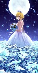 Rule 34 | 1girl, absurdres, backless dress, backless outfit, bare arms, bare back, bare shoulders, blonde hair, blue eyes, blue flower, blue petals, blue rose, blush, bouquet, breasts, bug, butterfly, dress, falling petals, flower, from side, glowing, hair ornament, hair up, highres, holding, holding bouquet, hololive, hololive english, insect, large breasts, long dress, looking at viewer, moon, night, outdoors, petals, rose, short hair, sidelocks, sky, solo, standing, star (sky), starry sky, tiara, toi1et paper, virtual youtuber, watson amelia, wedding dress, white dress