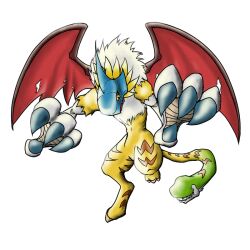 Rule 34 | artist request, claws, digimon, digimon (creature), flying, full body, griffomon, griffon, helmet, multiple heads, sharp teeth, snake tail, solo, tail, teeth, wings, yellow eyes