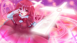 Rule 34 | 1girl, bow, bowtie, breasts, capelet, cross, english text, food, frilled skirt, frills, fruit, gradient background, hand up, hexagram, highres, kougetsu (gessyuukou), long hair, looking at viewer, magic circle, okazaki yumemi, open hand, open mouth, red eyes, red hair, short hair, skirt, skirt set, solo, sparkle, strawberry, touhou, touhou (pc-98)